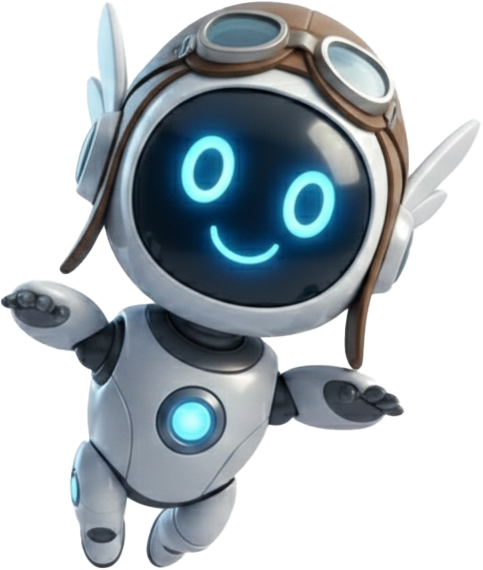 Klovi mascot — a friendly robot with a pilot helmet